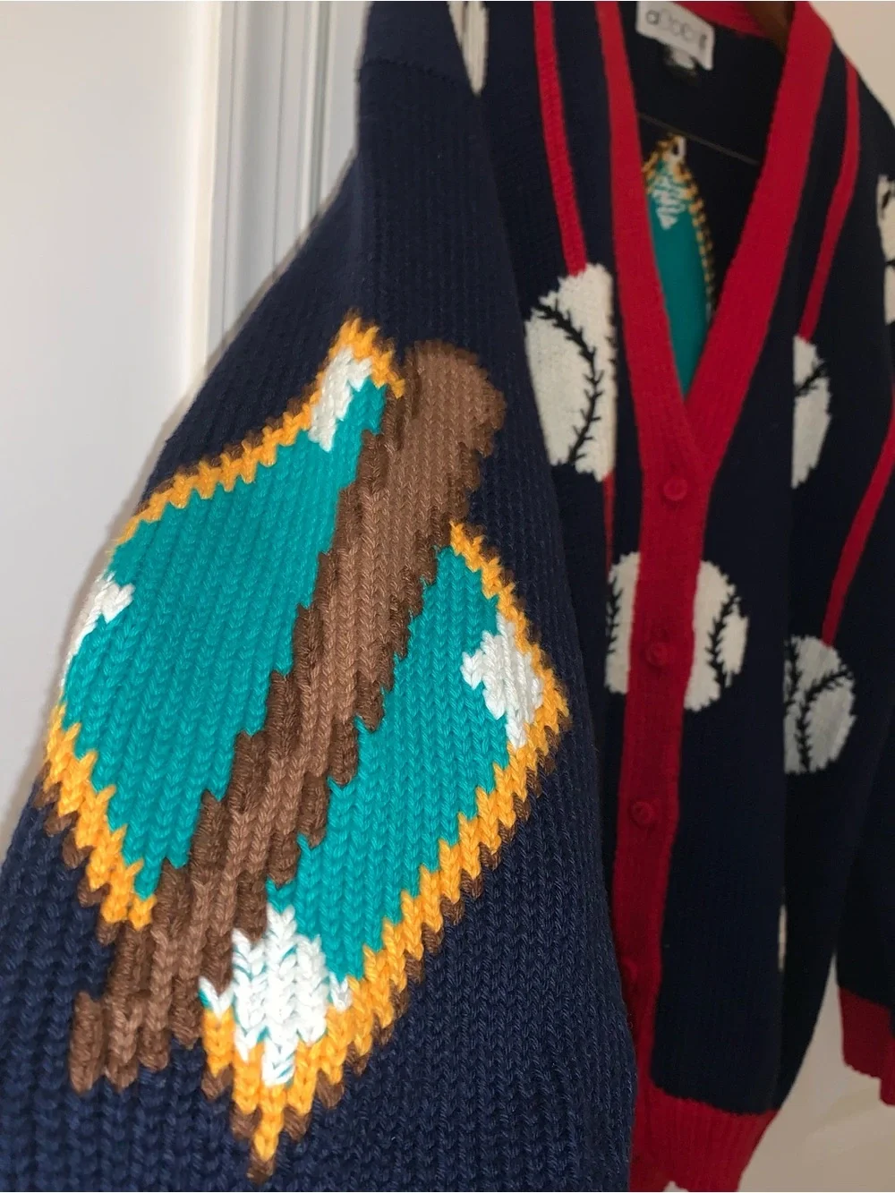 Vintage hand knit cardigan ugly sweater funky teacher baseball
